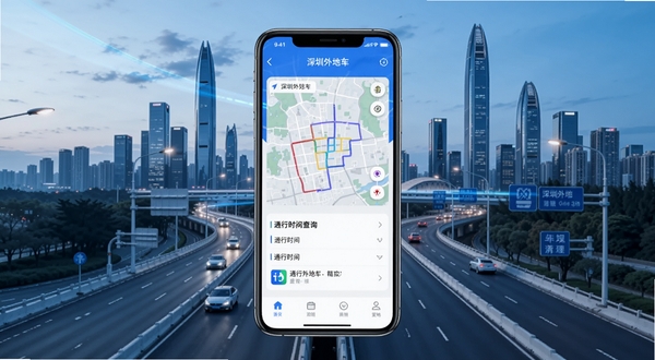 深圳外地车手机应用界面展示,画面中央是一部智能手机,屏幕上显示深圳外地车APP的主界面,包含限行地图和通行时间查询功能,背景是深圳城市天际线与道路,整体风格简洁现代,色彩以蓝白为主,突出科技感与实用性