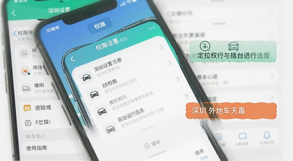 深圳外地车使用指南示意图,手机屏幕显示权限设置界面,标注定位权限与后台运行选项,背景为手机系统设置页面,风格清晰明了,突出操作步骤