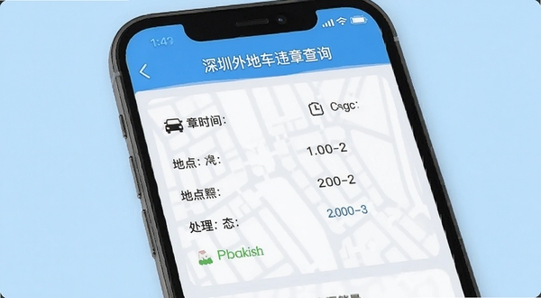 深圳外地车违章查询界面,手机屏幕显示查询结果页面,包含违章时间、地点与处理状态,界面设计简洁,背景为浅蓝色,突出信息可读性