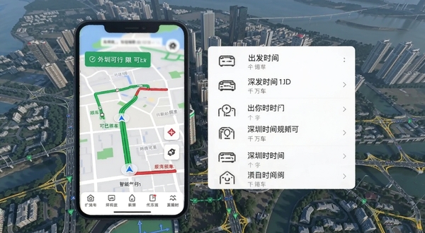 深圳外地车智能路线规划界面,手机屏幕显示地图导航路线,用绿色和红色标注可行与限行路段,旁边有出发时间建议列表,背景为深圳城市交通路网俯瞰图,风格简洁直观