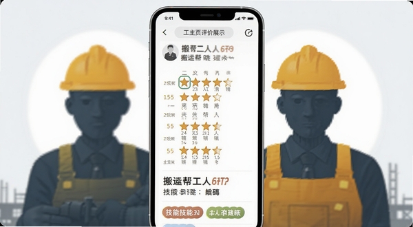 搬运帮工人版工人主页评价展示,手机屏幕显示五星好评列表和技能标签,背景是简洁的工人头像剪影