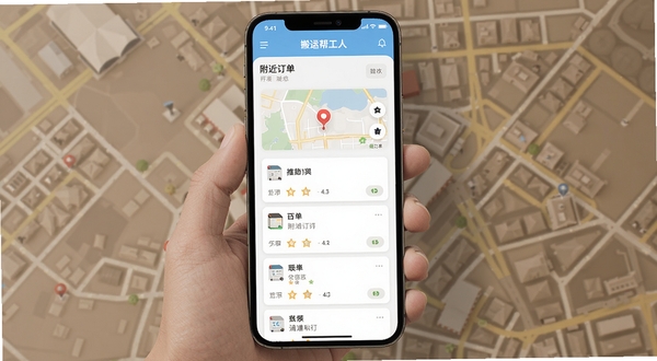 搬运帮工人版附近订单列表界面,手机屏幕显示地图定位点和多个订单卡片,背景是城市街道简图,整体色调清爽