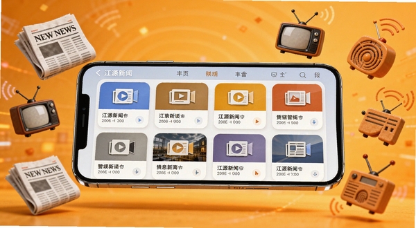江源新闻App功能展示图,画面中一部手机横向放置,屏幕内展示多个新闻频道卡片整齐排列,每个卡片上有不同的图标和标题,手机周围漂浮着报纸、电视、广播等媒体符号,背景为温暖的橙黄色调,体现信息丰富与多元聚合,高清应用界面展示