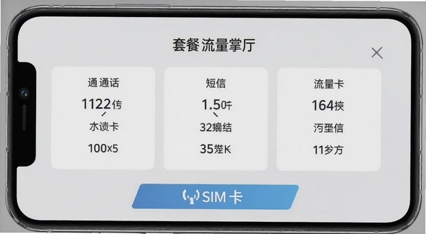 流量掌厅 套餐余量详情页 手机屏幕显示通话、短信、流量三列数据 背景为淡灰色 顶部有流量掌厅标题 底部有切换SIM卡按钮
