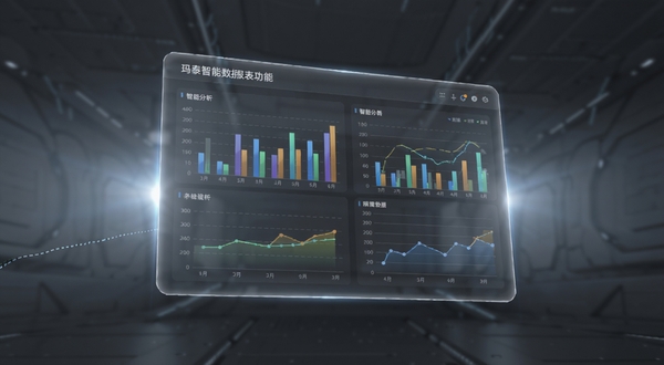 玛泰智能数据报表功能特写,画面主体为悬浮在空中的半透明数据面板,面板上显示彩色柱状图和折线图,背景为深灰色科技感空间,光线从面板后方透射而出,整体呈现智能分析氛围,适配Boogu模型生成