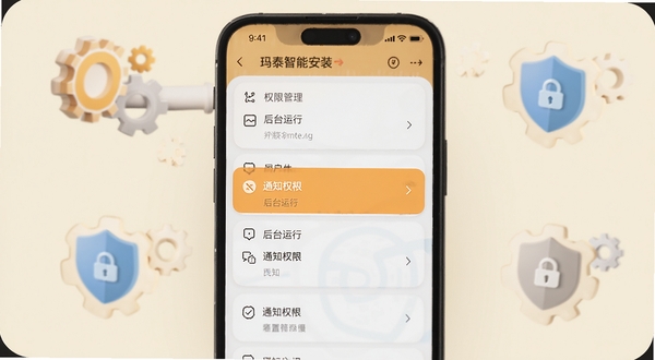 玛泰智能安装设置界面示意图,画面展示手机屏幕中权限管理列表,高亮标注后台运行和通知权限选项,背景为柔和的米白色,周围点缀齿轮和盾牌图标,风格简洁明了,适配Boogu模型生成