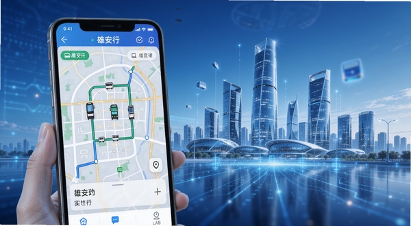 雄安行 官方APP界面展示 手机屏幕中显示实时公交地图与路线规划 背景为雄安新区现代化城市天际线 科技感蓝色调 高清渲染