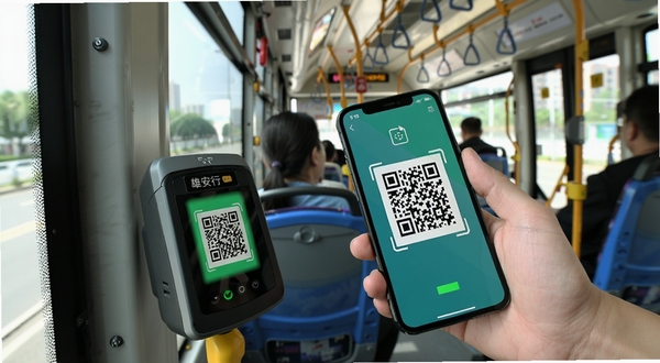 雄安行 手机扫码乘车操作示意图 手持手机对准公交刷卡机 屏幕显示二维码 背景为公交车内部 明亮清晰