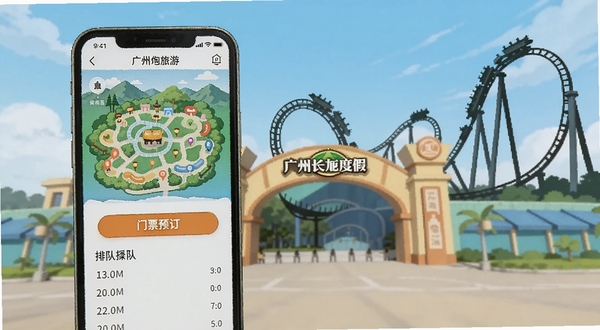 画面主体为一部智能手机,屏幕中显示长隆旅游应用界面,包含园区地图、门票预订按钮与排队时间列表,背景区域是广州长隆度假区入口与过山车剪影,整体风格明亮活泼,适配Boogu模型生成