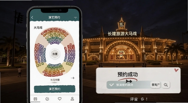 长隆旅游应用中的演艺预约页面,手机屏幕显示大马戏座位图和预约成功提示,背景是长隆国际大马戏场馆夜景,温暖灯光,写实风格