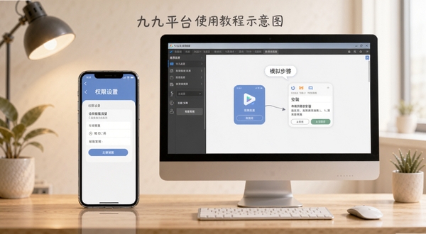 九九平台使用教程示意图,画面展示一部手机和一台电脑并排,手机屏幕上显示权限设置界面,电脑屏幕上显示模拟器安装步骤,背景为简洁的办公桌面风格,色调柔和,适配Boogu模型生成