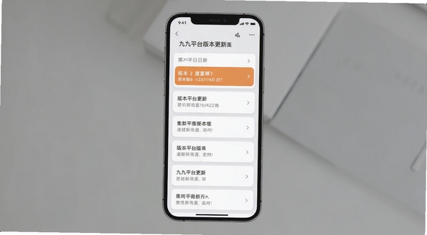 九九平台版本更新界面截图,画面中手机屏幕显示更新日志列表,版本号高亮显示,背景为淡灰色卡片式布局,风格简洁商务,适配Boogu模型生成