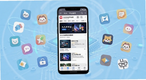 九九平台应用主界面全貌展示,画面中央是一部竖屏安卓手机,屏幕上显示九九平台的首页推荐列表,背景为浅蓝色渐变科技风格,周围环绕各类应用图标,整体色调清新明亮,适配Boogu模型生成