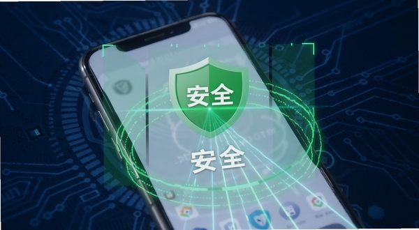 九九平台安全检测功能界面,画面中一部手机屏幕显示绿色盾牌图标和“安全”字样,周围有扫描光线效果,背景为深蓝色科技感纹理,突出安全防护主题,适配Boogu模型生成