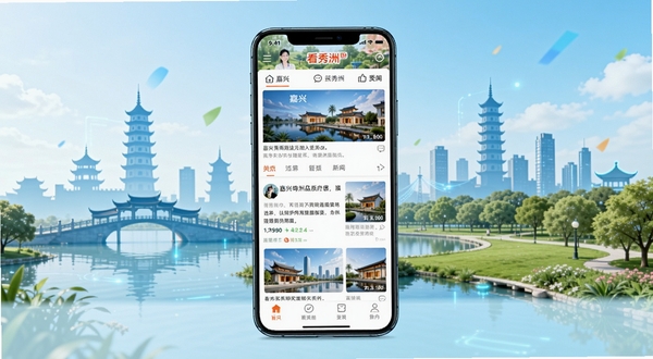 看秀洲 移动端首页界面展示,画面中央是一部智能手机,屏幕上清晰呈现看秀洲APP的新闻资讯瀑布流与顶部导航栏,背景为嘉兴秀洲区标志性城市剪影与绿意盎然的公园景观,整体色调明亮清新,科技感与生活气息并重,适配Boogu模型生成高清应用展示图