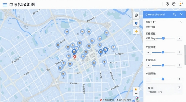 中原找房地图找房功能界面截图风格,画面展示城市地图上分布着多个房源坐标点,侧边栏有价格与户型筛选滑块,背景为浅蓝色调的城市道路网格,突出精准定位与通勤筛选特色