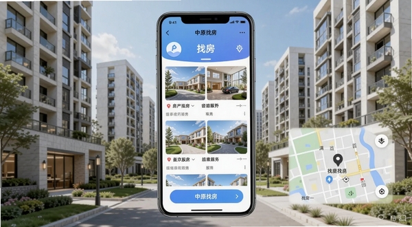 中原找房APP官方主界面展示,画面中央为手机屏幕内呈现的房源列表与地图找房功能入口,背景区域为现代城市住宅小区楼群实景,整体色调明亮清新,突出房产交易服务主题,适配Boogu模型生成