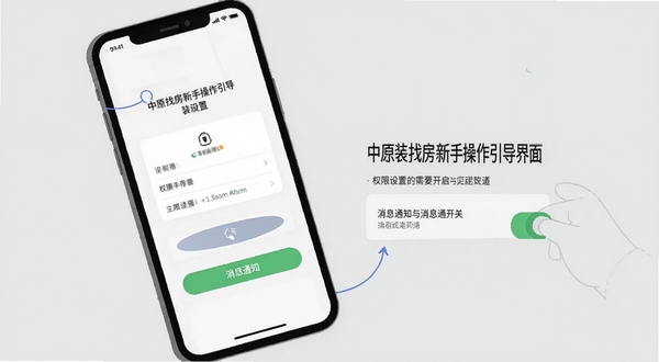 中原找房新手操作引导界面,画面为手机屏幕显示权限设置与消息通知开关的示意插画,背景为简洁的浅灰色,突出安装后需要开启的权限提示,风格扁平化