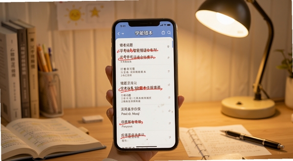 学考妹智能错题本功能展示,手机屏幕中央显示错题列表与红色标记,背景为书桌与台灯,柔和暖光,学习氛围浓厚,画面清晰简洁