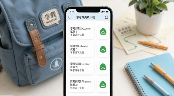 学考妹离线下载功能界面,手机屏幕展示已下载的试卷列表与绿色下载完成图标,背景为书包与文具,清新校园风格,细节清晰