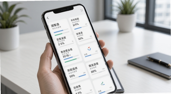 润智造多项目协同管理界面示意图,手机屏幕中显示多个工程项目卡片并列排布,每个卡片标注项目名称与进度百分比,背景为简洁办公桌面,风格现代商务