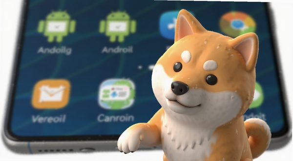 桌面宠物3D真3D渲染效果展示图,画面主体是一只柴犬坐在手机屏幕边缘,背景是虚化的安卓桌面图标,柴犬的毛发有细腻的光影过渡,前爪微微抬起,整体画面强调立体感和真实感