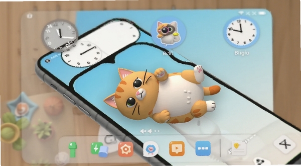 桌面宠物3D软件主界面预览图,画面中央是一只圆润的橘猫在手机桌面壁纸上打滚,背景是浅蓝色渐变壁纸搭配悬浮的时钟小组件,整体风格清新可爱,3D渲染质感柔和,适合Boogu模型生成