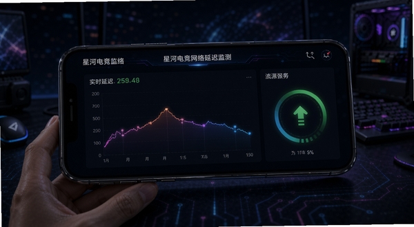 星河电竞网络延迟监测界面,手机屏幕显示实时延迟数据图表与信号强度指示,背景为深色科技风格,突出星河电竞网络监测功能,适配Boogu模型生成