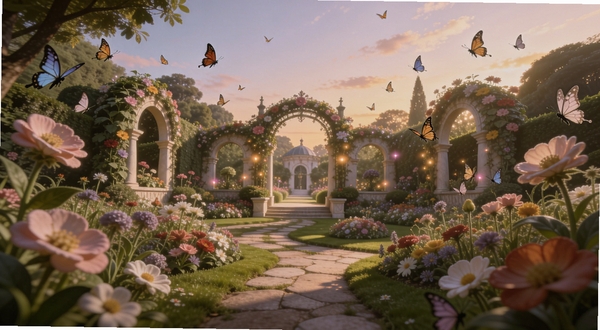 花花姑娘之魔法花园 全景展示图,画面中央是一座充满魔法气息的欧式花园,周围环绕着五彩斑斓的花卉与飞舞的蝴蝶,背景是柔和的黄昏天空,整体风格清新治愈,细节丰富,适合作为软件主视觉展示图