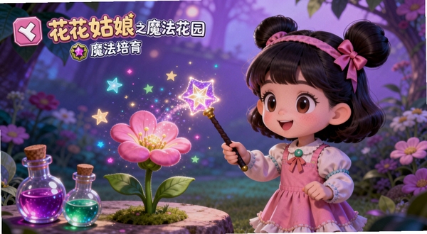 花花姑娘之魔法花园 魔法培育界面,画面中一位可爱的小姑娘手持魔法棒,正对着一朵发光的花卉施展魔法,周围漂浮着彩色光点与药水瓶,背景是梦幻的紫色调花园场景