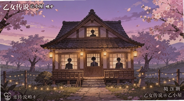 乙女传说@乙小屋游戏主界面全景,画面中央是一座温馨的日式小屋建筑,周围环绕着樱花树与暖黄色灯光,几位动漫风格男性角色剪影分布在小屋窗户与门前,背景为柔和渐变紫色天空,整体色调温暖治愈,细节丰富,适合恋爱剧情游戏宣传图