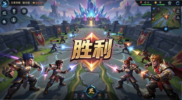 王者荣耀 游戏主界面 五名英雄在王者峡谷中路集结 背景是宏伟的水晶基地与流动的兵线 画面中央有巨大的胜利标志 整体色彩鲜艳 充满竞技对抗的张力