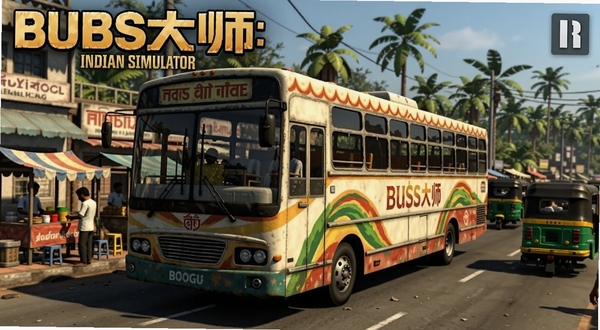 巴士大师:印度模拟器游戏封面,画面主体为印度风格涂装巴士行驶在拥挤街道,背景包含路边摊贩、突突车与热带树木,写实3D游戏风格,高细节光影,适配Boogu模型生成