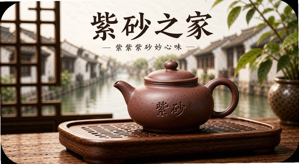 紫砂之家 应用封面图 画面主体为一款精致的紫砂壶置于木质茶盘之上 背景是江南水乡风格的窗棂与绿植 暖色调 高清晰度