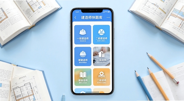 建造师快题库软件主界面与题库分类展示图,画面中央为手机屏幕正视图,屏幕内显示一级建造师和二级建造师各专业分类入口,背景为浅蓝色渐变学习场景,周围环绕书本和铅笔元素,整体风格简洁明亮