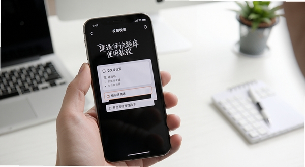 建造师快题库使用教程示意图,手机屏幕展示安装权限设置和缓存清理操作步骤,画面为手持手机的特写,背景为简约办公桌面,光线明亮清晰