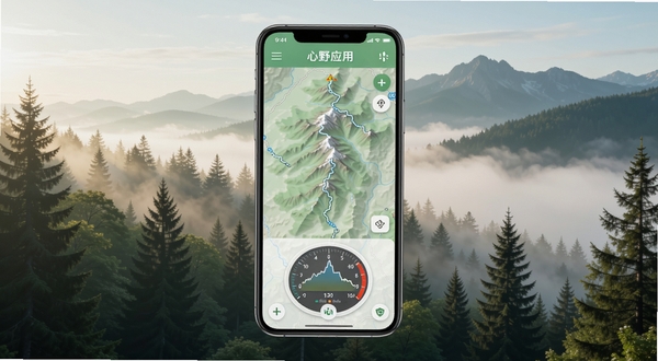 心野应用主界面全貌展示,画面中央是手机屏幕中显示的山脉轨迹地图与海拔仪表盘,背景区域为清晨薄雾中的森林与远山,整体色调清新自然,适合户外软件宣传图,画面简洁、主体突出、光影柔和