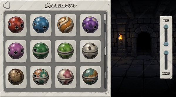 Marblebound游戏设置界面展示弹珠皮肤选择栏,画面左侧为不同颜色与纹理的弹珠图标,右侧为暗色地牢背景与音效音量滑块,整体UI简洁清晰,适配Boogu模型生成