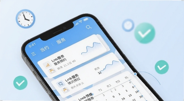一款名为当约的安卓手机应用界面展示,画面中央是手机屏幕特写,屏幕上显示清晰的服务预约卡片列表与日历时间轴,背景为柔和的浅蓝色渐变,周围点缀时钟与对勾图标,整体风格现代简约,适配Boogu模型生成