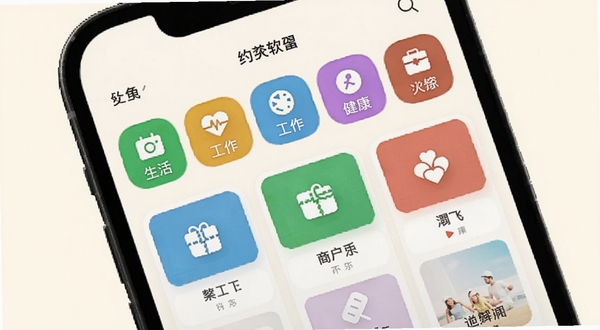当约软件分类筛选界面,手机屏幕展示彩色分类标签栏与卡片列表,标签包含生活、工作、健康等图标,背景为柔和米白色,画面整洁有序