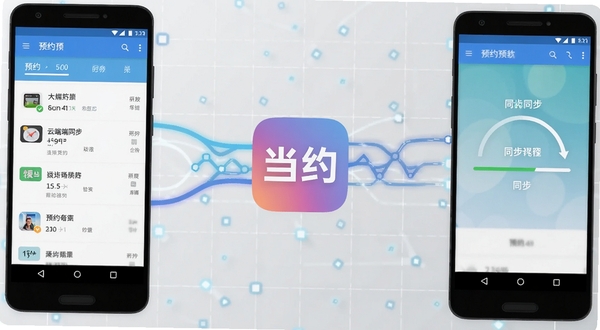 当约软件云端同步功能示意图,画面展示两部安卓手机之间数据流转的抽象连接线,手机屏幕分别显示预约列表与同步进度条,背景为科技感浅灰网格,当约图标位于画面中央