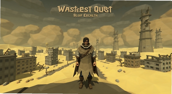 Wasteland Quest 游戏主界面全景,画面中央为身披破旧斗篷的流浪者角色,背景区域为黄沙覆盖的废弃都市废墟与远处残破高塔,天空呈灰黄色沙尘暴色调,低多边形风格,16:9横版构图
