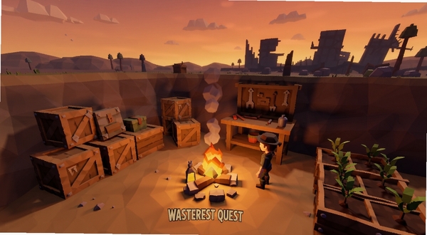 Wasteland Quest 新手营地场景,画面中央为篝火与简易工作台,周围有储物箱和种植槽,角色站在篝火旁,背景为黄昏天空与远处废墟轮廓,低多边形风格,暖色调