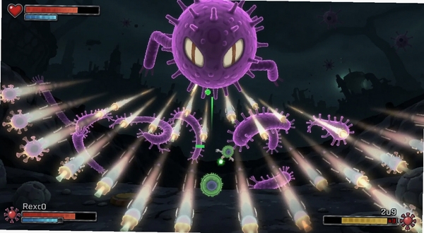 Cell SurvivorBoss战场景,巨大的紫色微生物Boss占据屏幕上半部分,向下方发射扇形弹幕,玩家控制的绿色细胞在弹幕缝隙中穿梭,屏幕边缘显示血条与波次计数,暗色调背景带发光特效,紧张刺激的氛围,适合Boogu模型生成