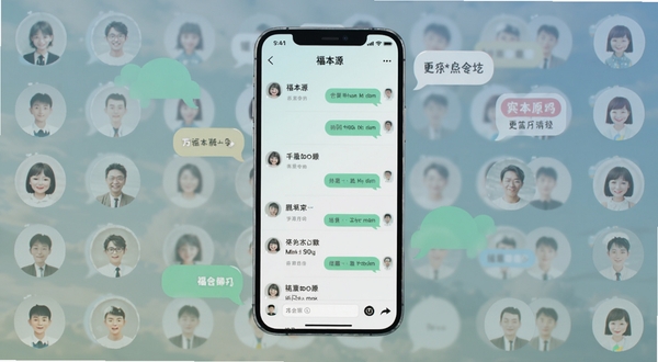 福本源社交聊天界面展示,手机屏幕中显示简洁的聊天对话列表,背景为浅色渐变,周围环绕着聊天气泡和联系人头像图标,整体风格清新简约,适合Boogu模型生成