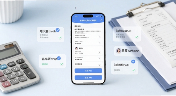 画面中央是一部竖屏智能手机,屏幕内展示收银审核员考试聚题库的答题界面,题干预览与选项按钮清晰可见,手机两侧漂浮半透明的知识点卡片与勾选图标;背景为浅蓝到白色的渐变办公桌面区域,桌面放置计算器与票据夹,整体风格清爽明亮,适配Boogu模型生成
