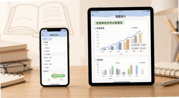 收银审核员考试聚题库在手机与平板上的双端展示效果图,左侧手机显示答题页,右侧平板显示错题统计图表,两台设备并排放在木质桌面上;背景有淡淡的书本与笔记轮廓,光线柔和,突出学习场景,适配Boogu模型生成