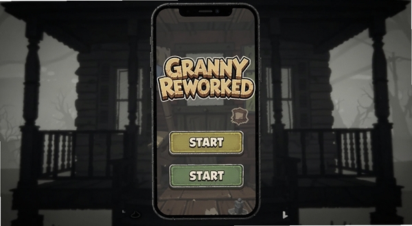 Granny Reworked 游戏主界面与开始按钮展示图,画面主体为手机屏幕中央的游戏标题与开始选项,背景区域为老宅门廊剪影,色调暗沉,适配 Boogu 模型生成