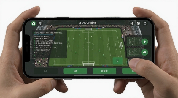 足球生涯模拟器移动端操作界面展示图,画面为手机横屏握持视角,屏幕显示比赛文字解说与战术调整按钮,背景为球场俯视图,界面配色以绿色和深灰为主,适配Boogu模型生成