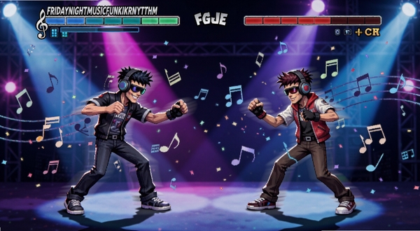 FridayNightMusicFunkinRhythmFNFGame��Ϸ�����棬��������Ϊ��λ��ɫ�����ֽ����ս�Ķ�̬��������������̨�ƹ�������������Ч������ɫ�����Ϻ�������Ϊ����ͻ�����ֽ�����Ϸ�Ķ��з�Χ